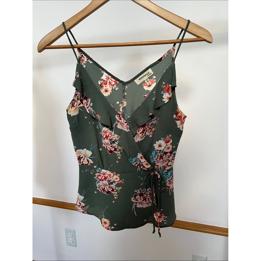Monteau Dark Green Floral Faux Wrap Cami with Ruffle Trim